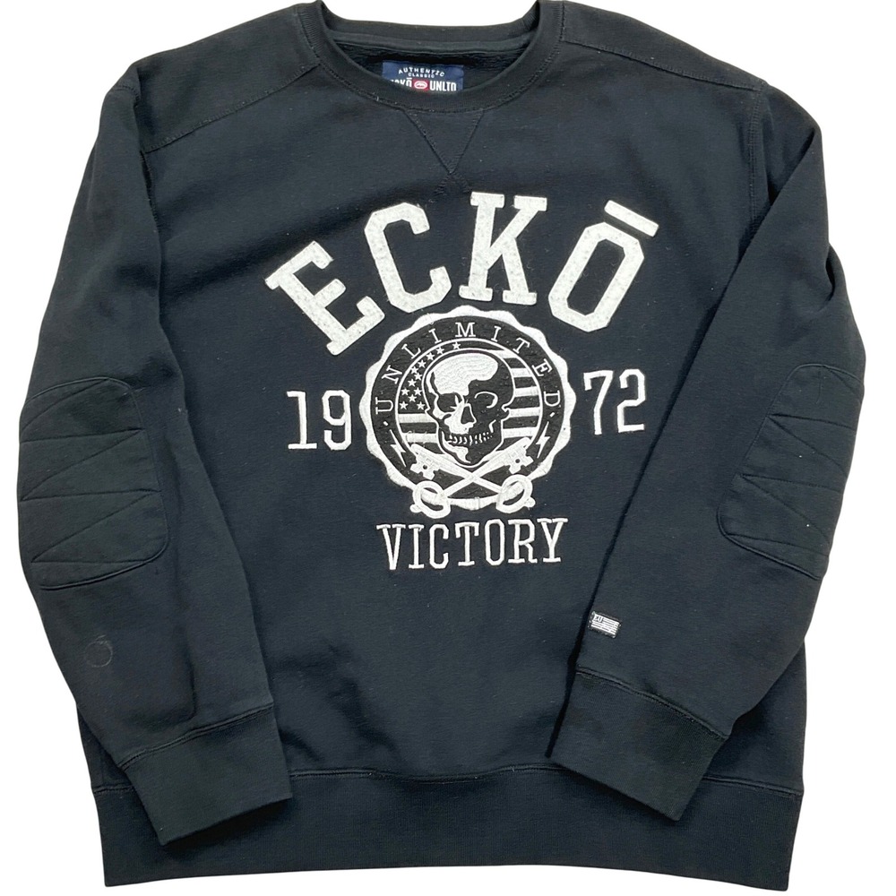 Ecko Unlimited Sweatshirt Men XL Black White Skull Graphic Elbow Pads Streetwear